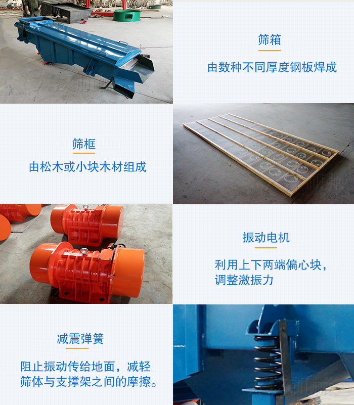 小型直線篩篩箱，篩框，振動電機，彈簧等部件圖片展示
